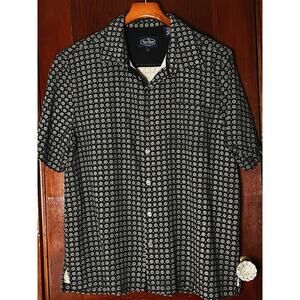 NAT NAST BLACK & KHAKI CIRCLE PRINT COTTON SILK LINEN S/S SHIRT SIZE L / LARGE